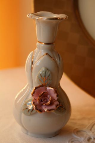 Tilso Miniature Porcelain Bud Vase Hand Painted With Rose & Gold Trim From Japan