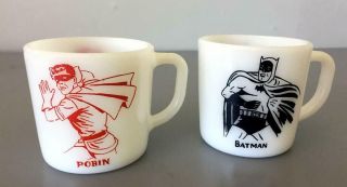 (2) Vintage Batman And Robin 1966 Westfield White Milk Glass Mug Cups Heat Proof