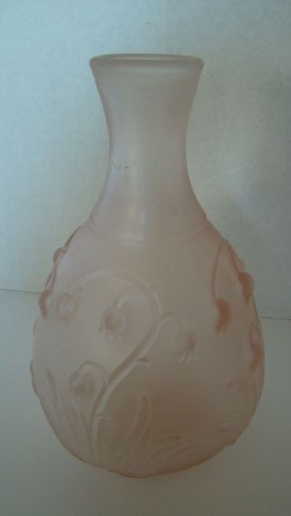 Vintage Pink Frosted Satin Glass Vase With Raised Lily Of The Valley Design