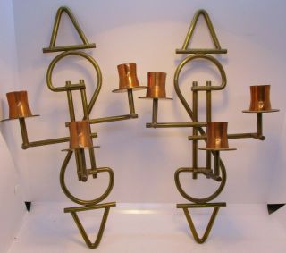 Brass And Copper Art Deco Mid Century Candle Holders Wall Sconces