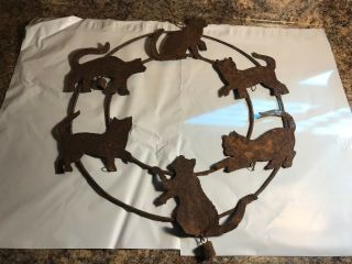 Vintage Rustic Rusty Metal Primitive Bell Wind Chime With Cats