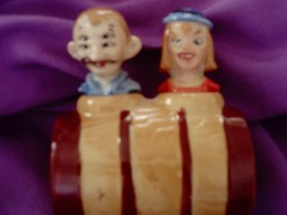Vintage Nodder " Man & Woman Going Over Falls In A Barrel " Salt & Pepper Shakers