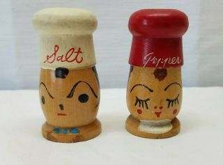 Vintage Wood Mr.  Mrs.  Chef Cook Salt & Pepper Shaker S&p Hand Painted 1950s Pair