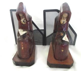 Hand Carved Wood Sitting Monk Priest Friar Bookends