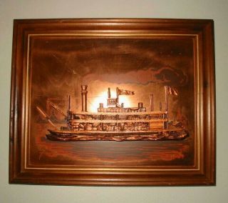 Vintage Copper 3d Art Wood Frame River Boat John Louw