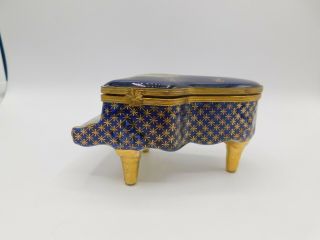Limoges Hand Painted French Porcelain Blue And Gold Grand Piano Trinket Box