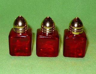 Set Of 3 Vintage Red Glass Salt & Pepper Shakers With Brass Tops.  Taiwan R O C.