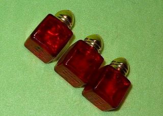 Set of 3 vintage RED GLASS salt & pepper shakers with BRASS tops.  Taiwan R O C. 3