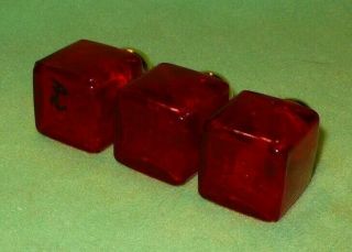 Set of 3 vintage RED GLASS salt & pepper shakers with BRASS tops.  Taiwan R O C. 4