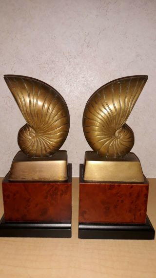 Vintage Pair Brass Shell Bookends - Weighted Heavy - Ethan Allen