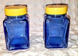 Vintage Cobalt Blue Depression Glass Salt & Pepper Shakers With Yellow Lids