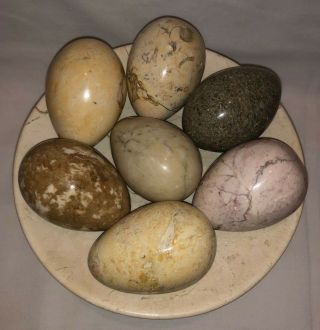 7 Vintage Alabaster Marble Stone Egg Set With Stand Heavy Natural Tones