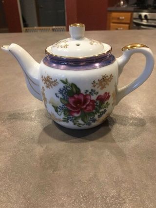 Vintage Miniature Hand Painted China Tea Pot Lid Roses Floral Blue Luster Luster