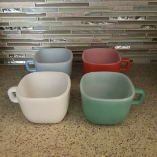 Glasbake Glassbake Coffee Mugs Cups Vtg Set Of 4 Mcm Green Blue Orange White
