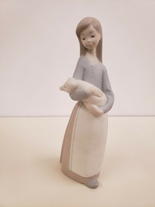 Vintage Lladro Porcelain Lady Holding Pig Figurine Made In Spain