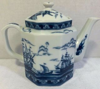 Vintage Blue & White Porcelain Ships Tea Pot - Andrea By Sadek