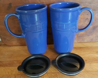 Set Of 2 Longaberger Pottery Tall Coffee Mugs Cornflower Blue Woven Traditions