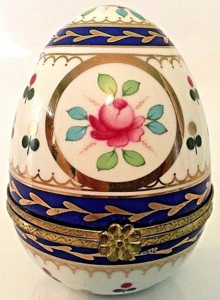 Vintage Limoges Porcelain Trinket Box Egg Shaped Brass Closure Pink Roses