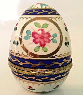 Vintage Limoges Porcelain Trinket Box Egg Shaped Brass Closure Pink Roses 2