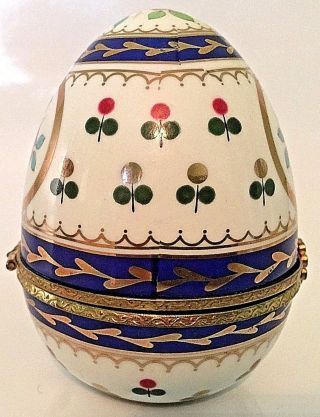 Vintage Limoges Porcelain Trinket Box Egg Shaped Brass Closure Pink Roses 3