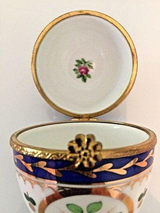 Vintage Limoges Porcelain Trinket Box Egg Shaped Brass Closure Pink Roses 5