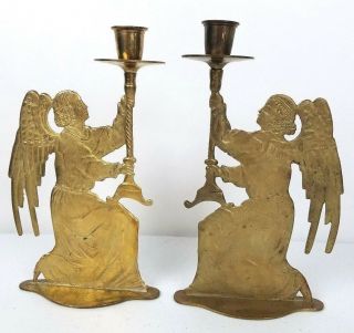 Pair Solid Brass Angel Taper Candle Holder 10 Inches Vintage Christmas Holiday