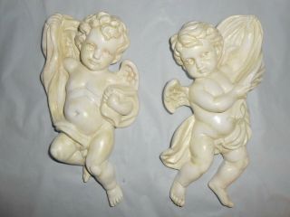 Vintage Pair " Homco 1120 " Cherub Angel Cupid Wall Hanging Figurines Plaques
