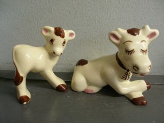 Vintage Pair Whimsical Pottery Figurines Of A Cow & Calf Japan 1950 