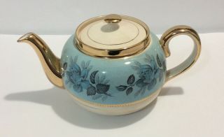 Sadler Teapot Light Turquoise & Ivory Trimmed In Gold Made In England