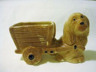 Vintage Ceramic Pottery Dog Planter Flower Pot Spaniel Puppy Cart Brown