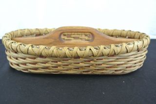 Small Vintage Woven Basket With Split Sides And Wood Handle For Trinkets Decor