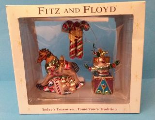 Fitz & Floyd Christmas Boxed Set Horse Jack In The Box Candy Cane Ornaments 2004
