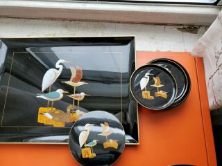Vintage Otagiri Japan Lacquerware Set Tray 6coasters Shore Birds Gulls Tray