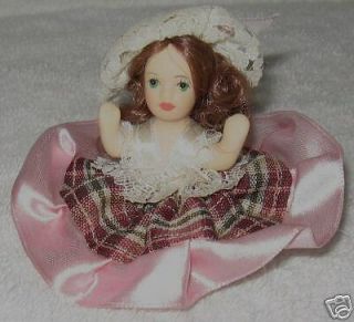 Miniature 2 1/2 " Porcelain Sitting Doll Figurine W Fancy Pink Dress