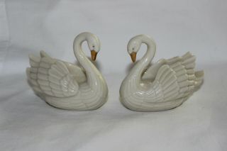 2 Vintage Lenox Porcelain Small Swans 3” Figurines 24k Gold Accents Exc Cond