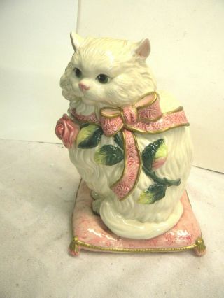 Fitz & Floyd Kittens & Roses White Cat On Pink Cushion Cookie Jar Cond