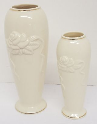 Lenox Vases 2 Embossed Rose Bud Design 24k Gold Trim Ivory 5 3/4 " 7 3/8 " Sh