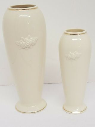 Lenox Vases 2 Embossed Rose Bud Design 24k Gold Trim Ivory 5 3/4 