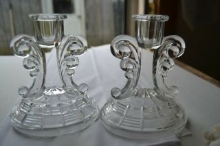 Vintage Crystal Glass Candle Stick Holders Pair Art Deco