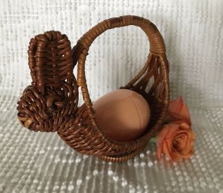 Vintage Wicker Rattan Woven Bunny Rabbit Easter Basket Planter Display Cute Euc