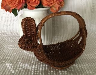 Vintage Wicker Rattan Woven Bunny Rabbit Easter Basket Planter Display Cute EUC 2