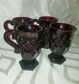 Set Of 4 Vintage Avon Cape Cod Ruby Red Glass Footed Pedestal 5 " Coffee Mug Cup