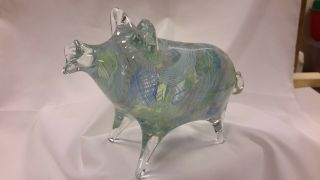 Murano Solid Glass Pig - Clear With White,  Blue & Green Swirls