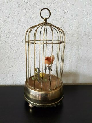 Vintage Wind - Up Singing Musical Bird In Cage Swinging Japan Music Box
