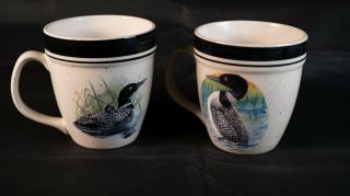 2 Folk Craft Stoneware Coffee Mug Cups Loon Lake Duck Waterfowl Scotty Z