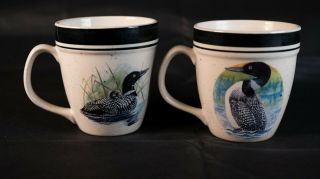 2 Folk Craft Stoneware Coffee Mug Cups Loon Lake Duck Waterfowl Scotty Z 2