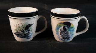 2 Folk Craft Stoneware Coffee Mug Cups Loon Lake Duck Waterfowl Scotty Z 3