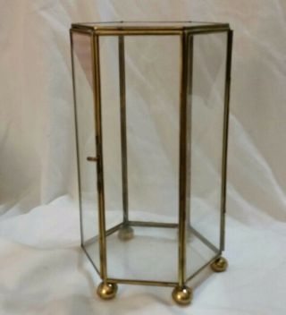 Vintage Brass Trim & Glass Hinged Box Six Sided Display Case 8.  5 " Tall