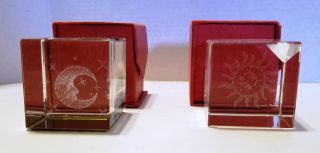 Vintage Set Of 2 Laser Etched 3d Crystal Cube Glass Paperweight Sun & Moon