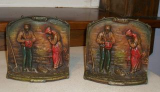 Cast Iron Bookends Harvest Farmers Giving Thanks Call To Prayer Orig Paint